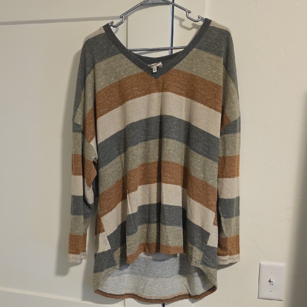 Truself Stitched Logo Striped Knit Sweater in Brown and Gray